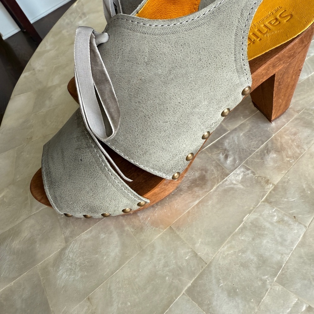 Sanita Heel Women's Gray Ribbon Clog Heels ribbon Tie Shoes 39 8.5